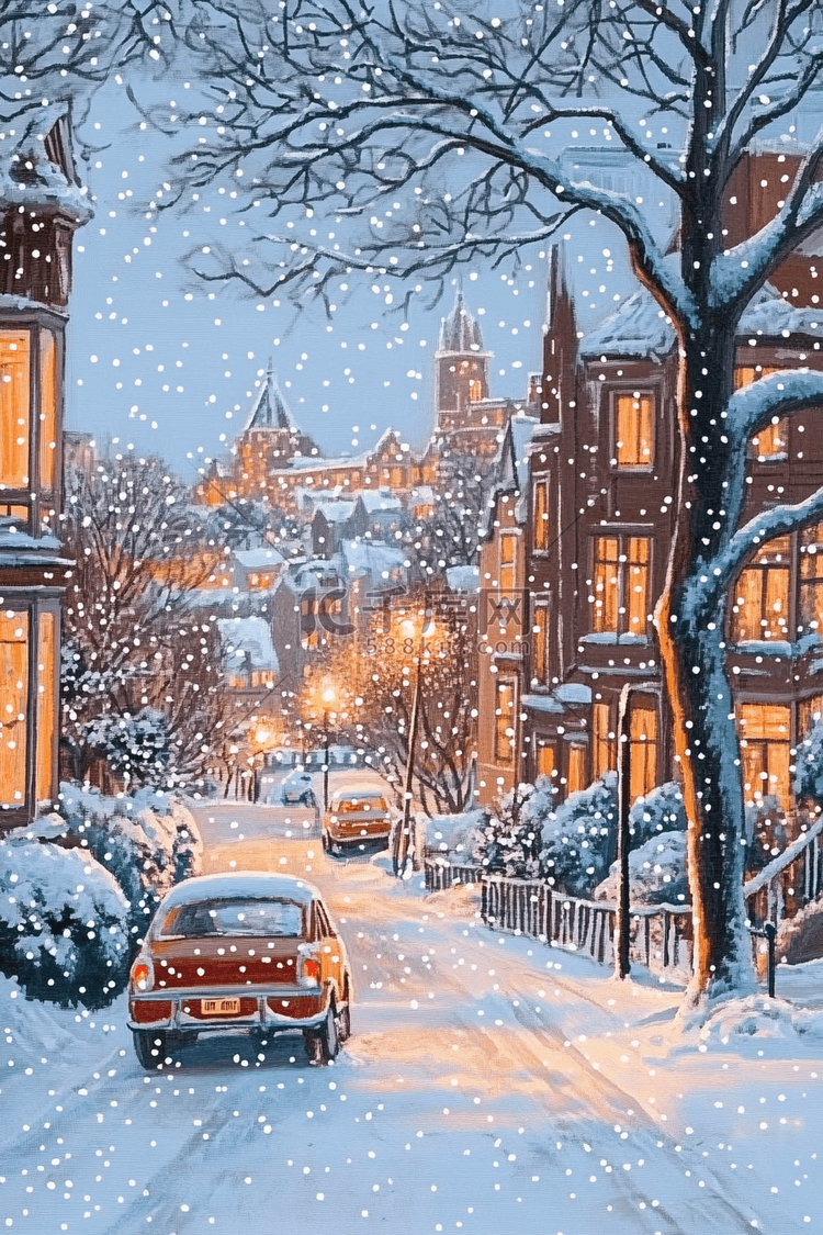 冬天大雪街道城市唯美插画