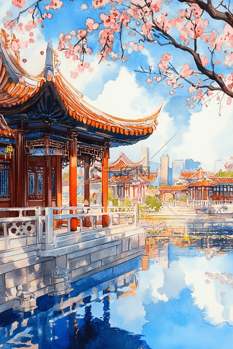 手绘风景樱花河水凉亭海报插画