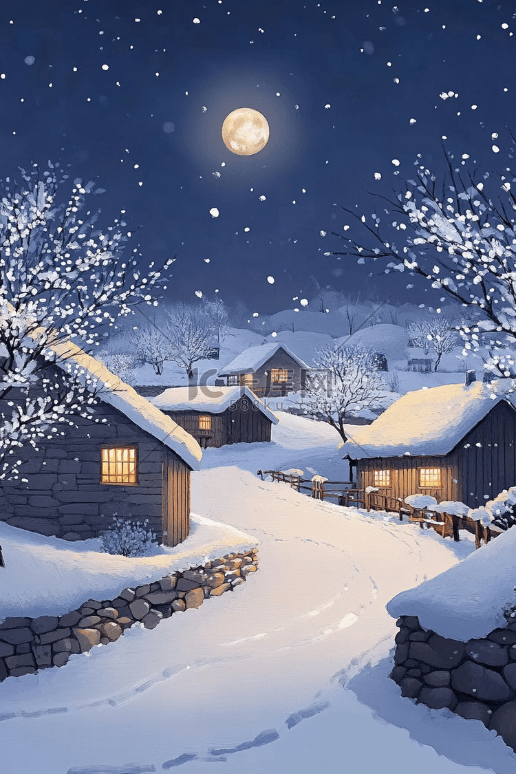 冬季雪景夜晚唯美手绘插画海报