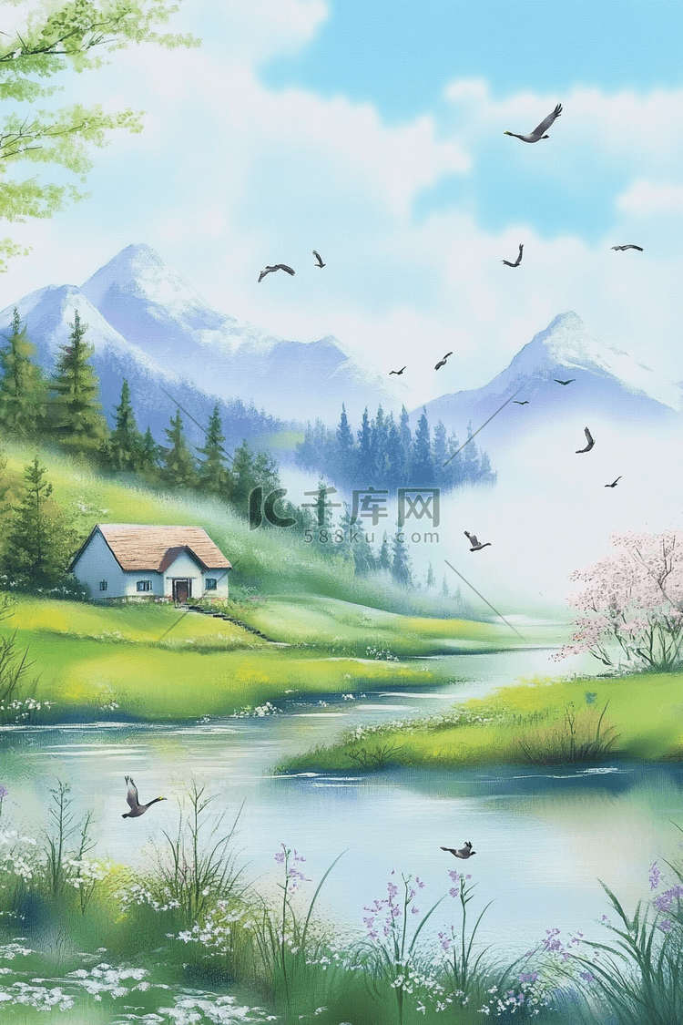 河水青草春天蓝天白云手绘插画海报