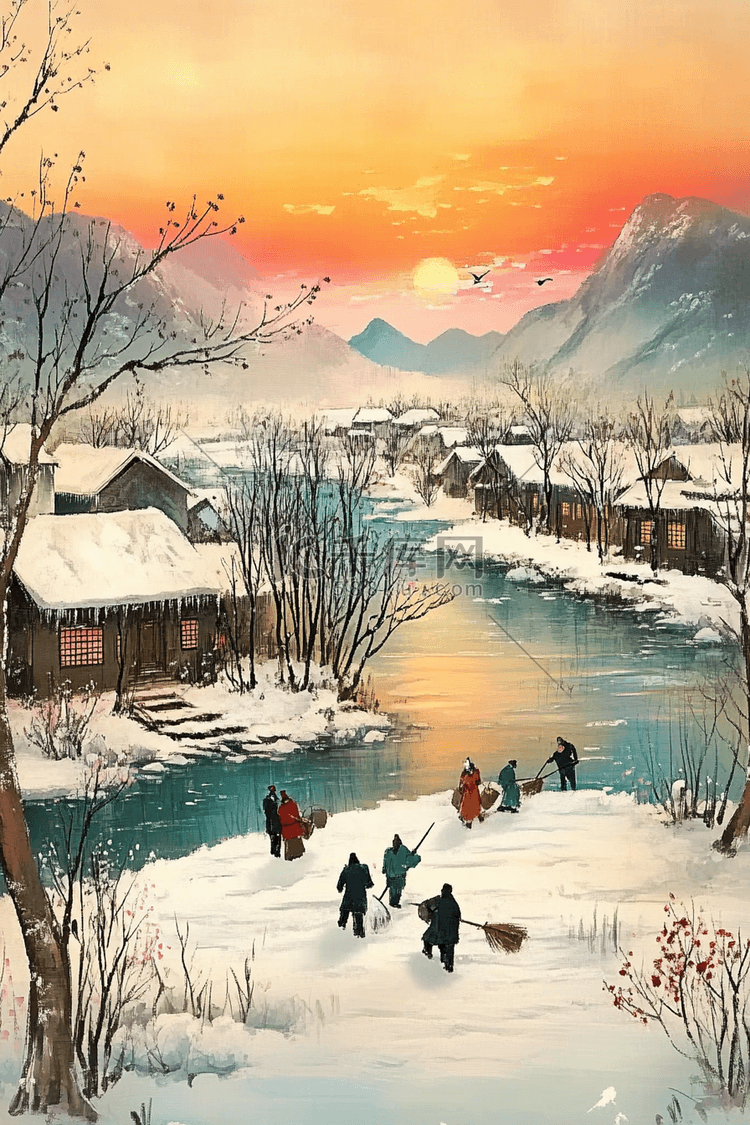 河水雪山夕阳唯美手绘冬天海报插画图片 千库网