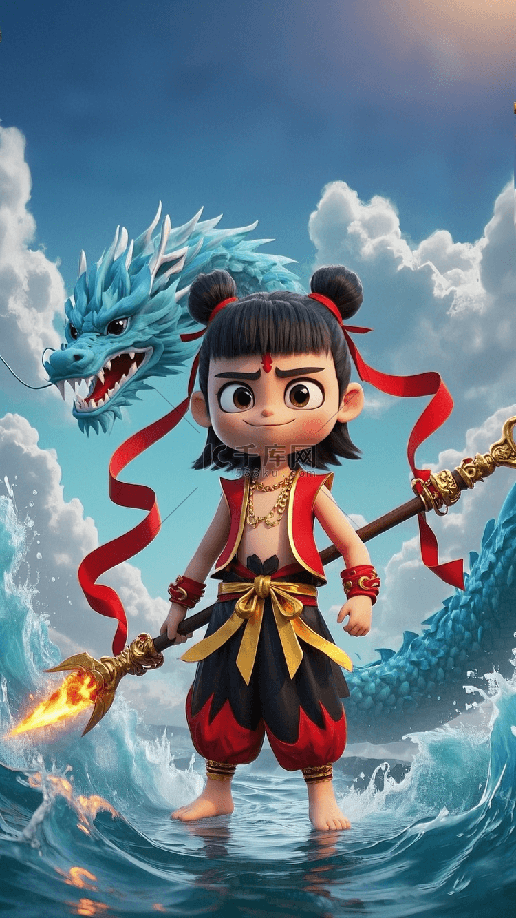 哪吒闹海神话故事哪吒卡通少年插画图片