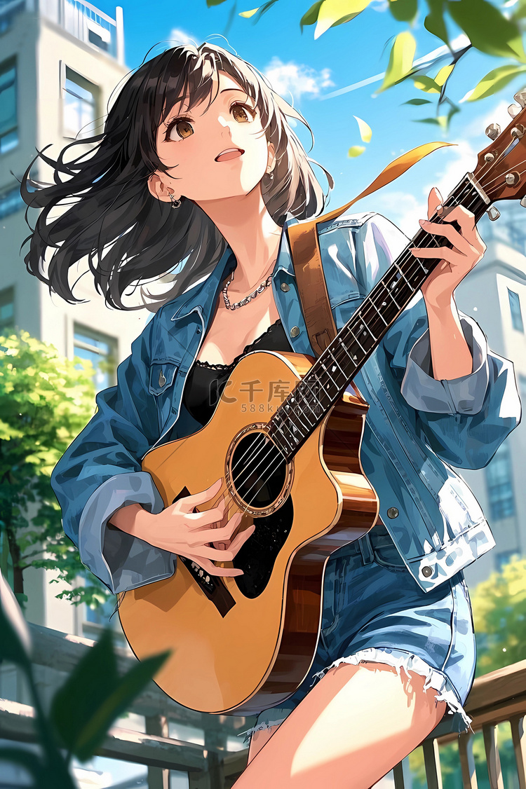 音乐风二次元专注弹唱的随性洒脱少女插画