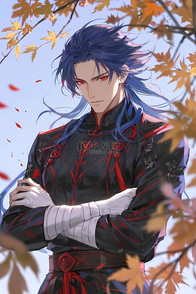 古风霸气风二次元古装抱臂的威严少年插画