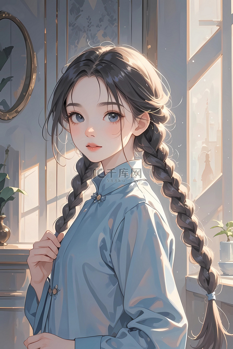邻家风古风双麻花辫的纯真甜美少女原创插画