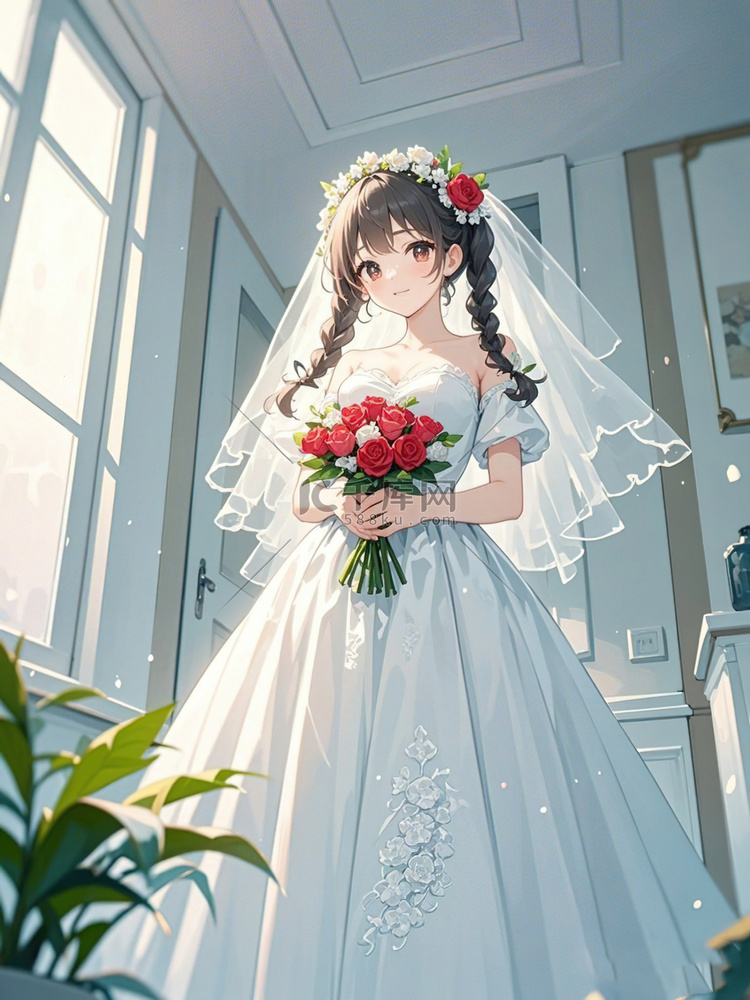 穿婚纱裙子的可爱女生二次元头像插画