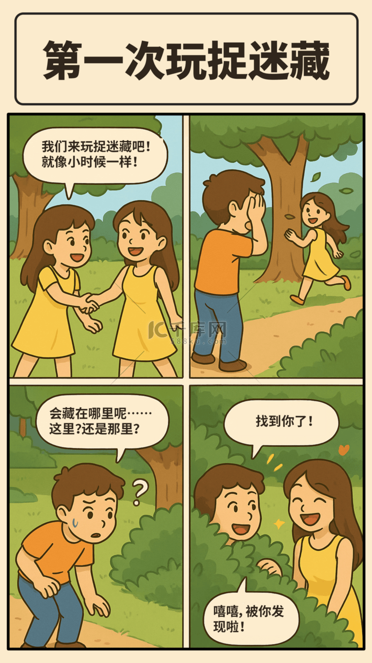 第一次玩捉迷藏情侣日常插画图片