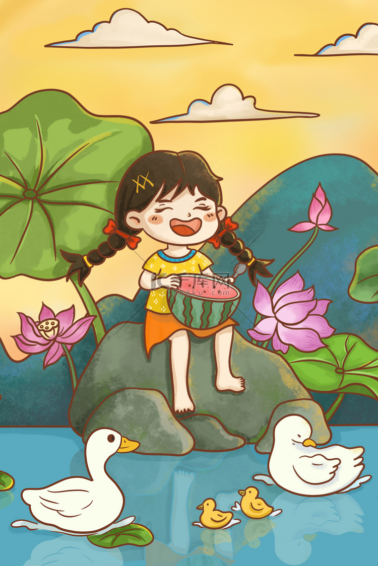 小暑小女孩在荷花池边开心的吃西瓜插图插画图片