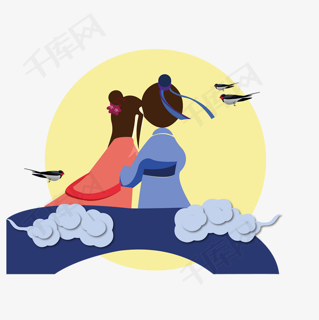七夕情人节手绘牛郎织女矢量图