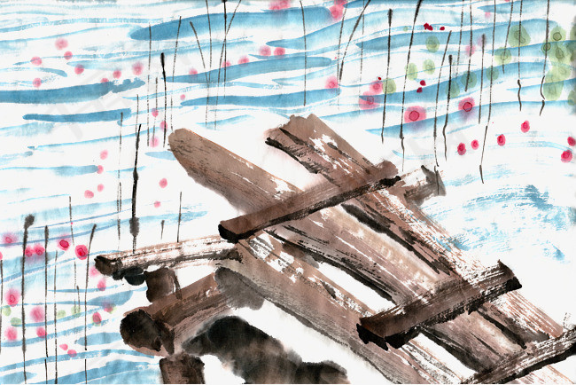 河边码头水墨画png免抠素材