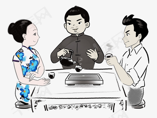 手绘喝茶人物矢量插画