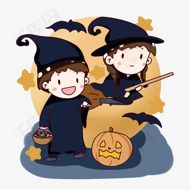 手绘卡通万圣节捣蛋小孩