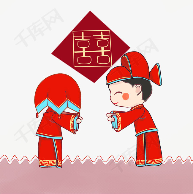 手绘卡通可爱中式婚礼