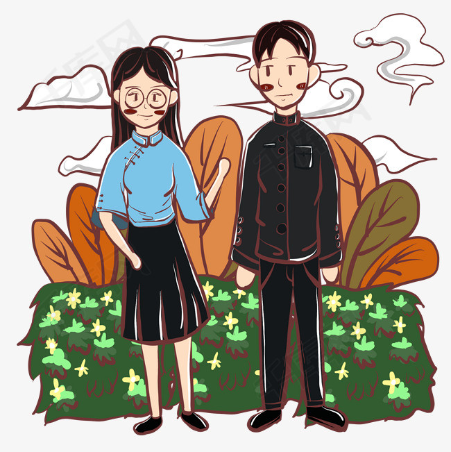 手绘卡通风格民国风情侣男女小插画