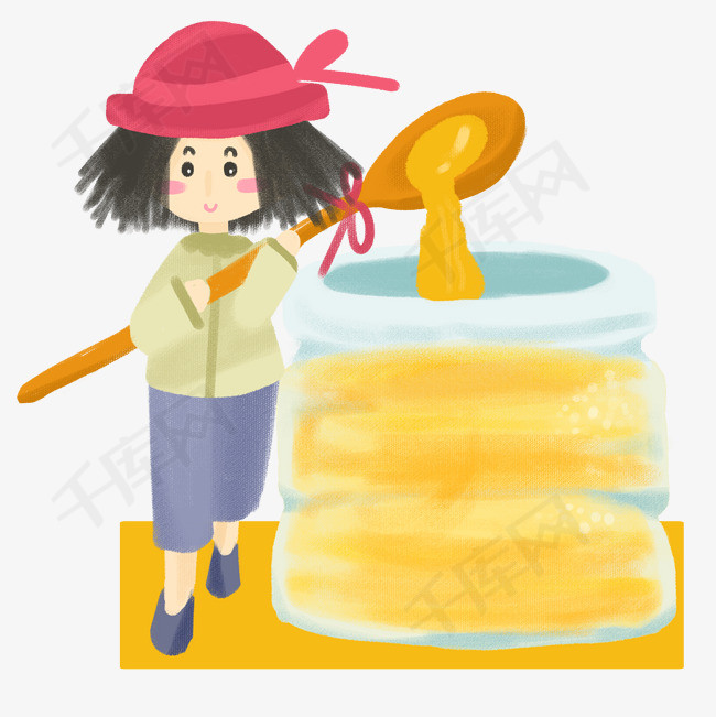 秋季养生手绘女孩和蜂蜜手绘免抠图