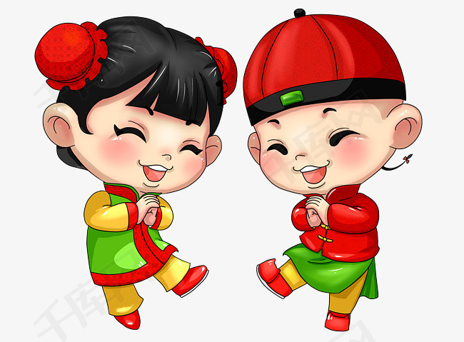 春节喜庆年画娃娃png背景透明q版卡通男女娃娃素材图片免费下载-千库