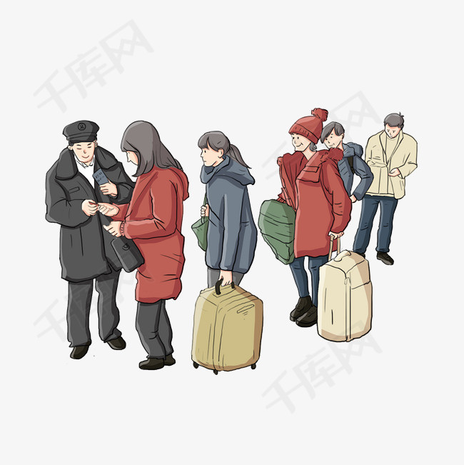 卡通手绘春运正在检票的人
