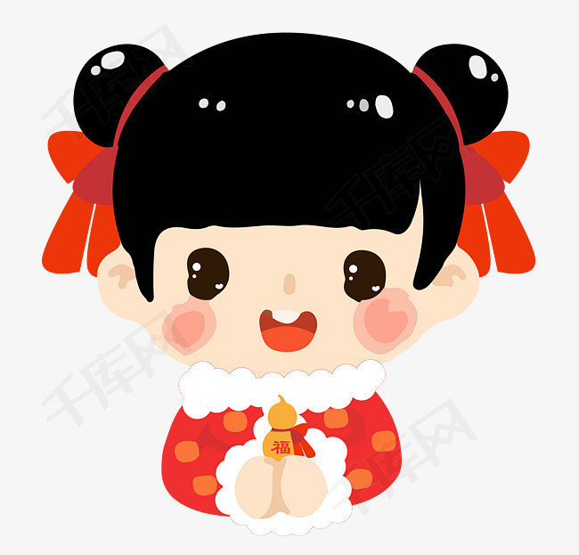 中国风福娃丸子头少女手捧葫芦可爱手绘免抠矢量素材