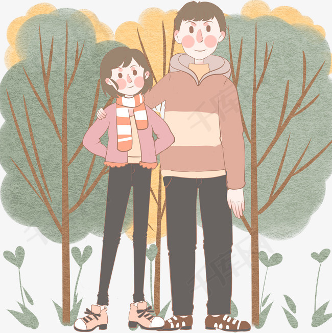 春天情侣树下散步图