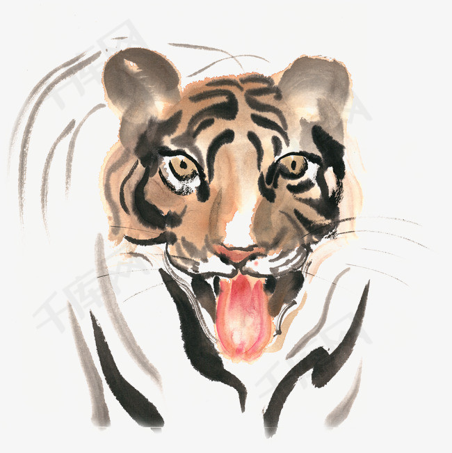 伸舌头的老虎水墨画png免抠素材