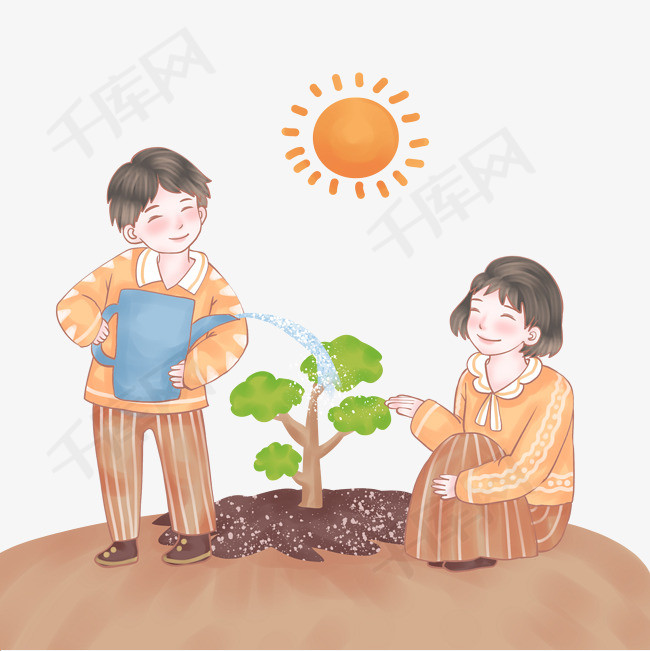 植树节两个小孩给小树浇水