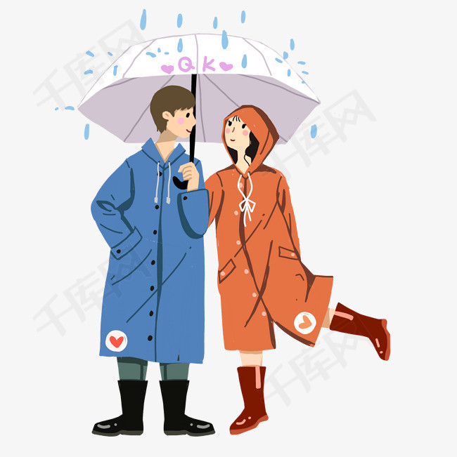 手绘卡通扁平情侣颜色雨季雨衣打伞