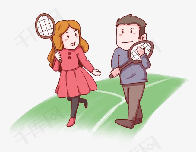 手绘男孩和女孩寒假开心打羽毛球