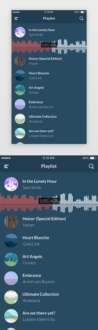 音频UI设计素材_暗色简约音频播放列表app界面