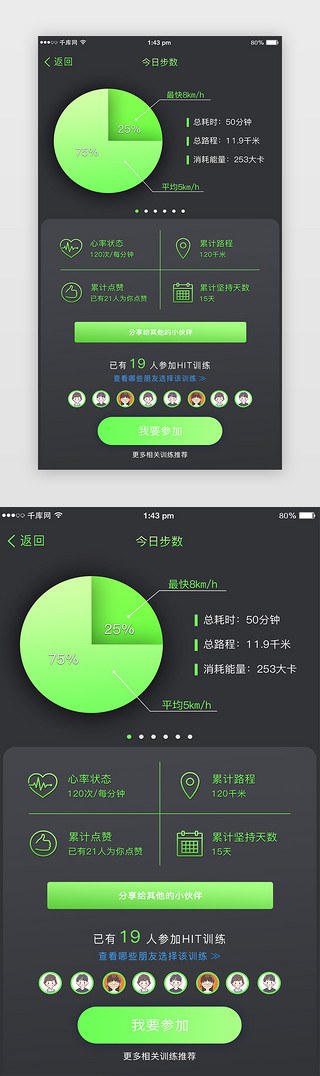 跑步中的小白兔UI设计素材_简约绿色渐变APP跑步统计界面