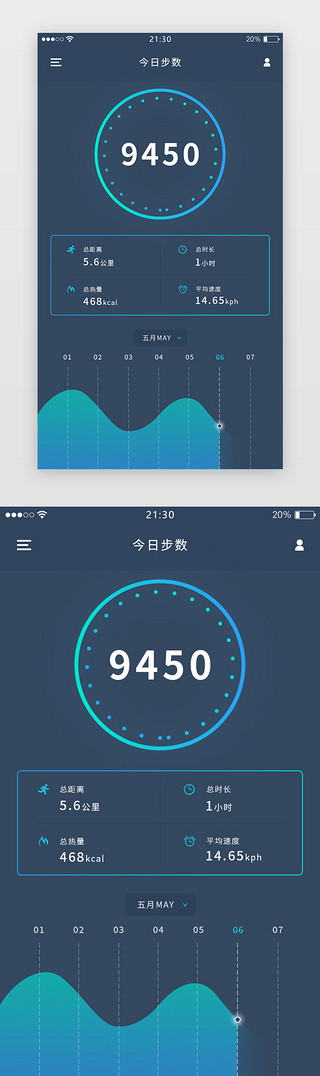 行走的小狗UI设计素材_蓝绿色渐变简约运动步数健身APP