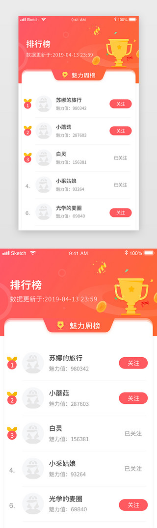 界面排行榜UI设计素材_橙色渐变社交主播app魅力值排行榜界面