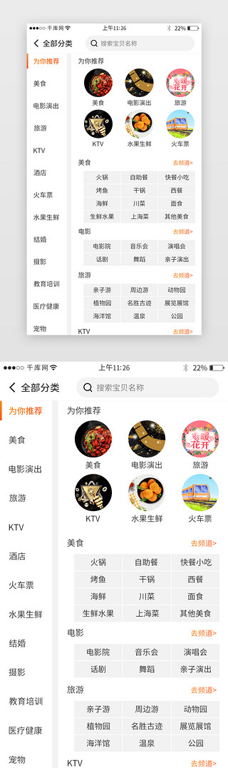 app分类UI设计素材_橙色系团购app分类界面