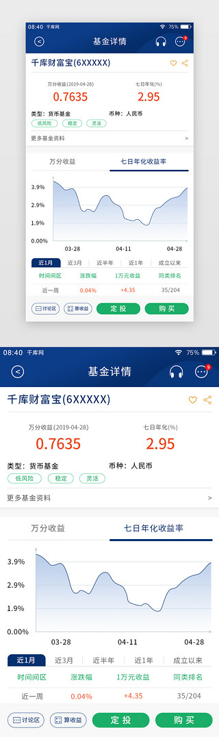 投资详情页UI设计素材_蓝绿色简约手机银行APP基金详情页