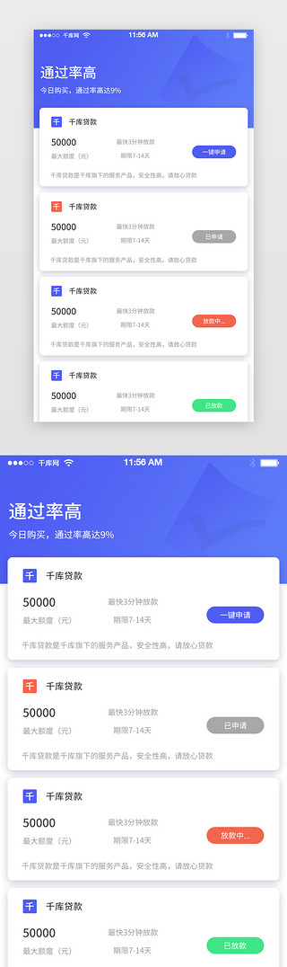 借贷appUI设计素材_蓝色互联网借贷APP智能推荐界面