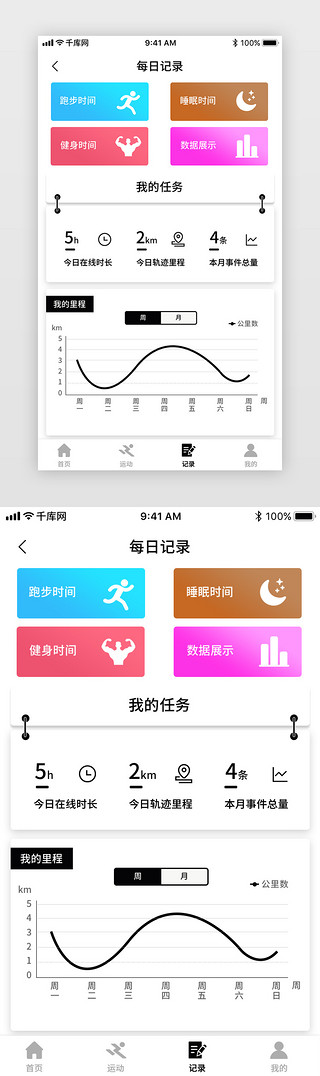 睡眠日UI设计素材_黑色简约风运动健身类记录页