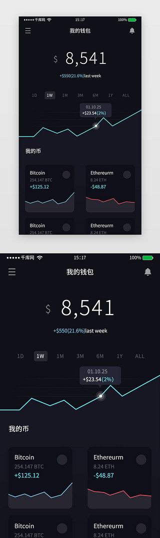 虚拟币币标UI设计素材_暗黑系扁平化虚拟币钱包展示