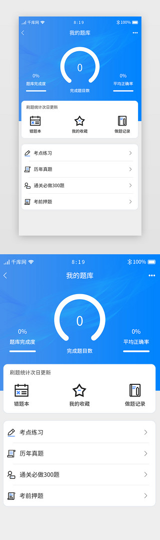 ui库UI设计素材_蓝色渐变教育自考APP题库完成详情