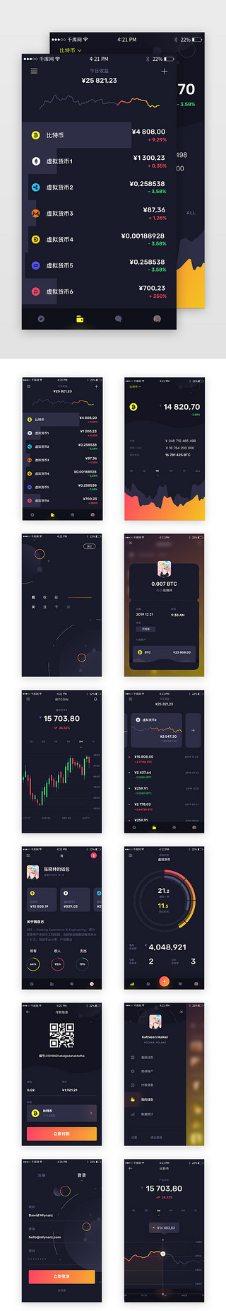 比特币UI设计素材_金融app暗黑酷炫科技设计模版