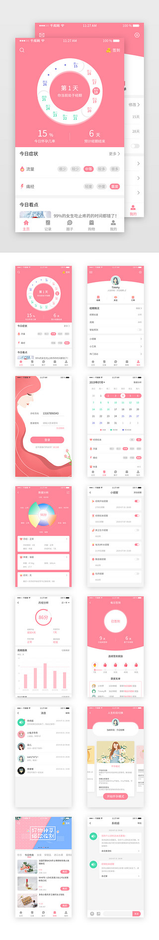 女性用品介绍UI设计素材_粉色扁平风女性健康类app设计模板