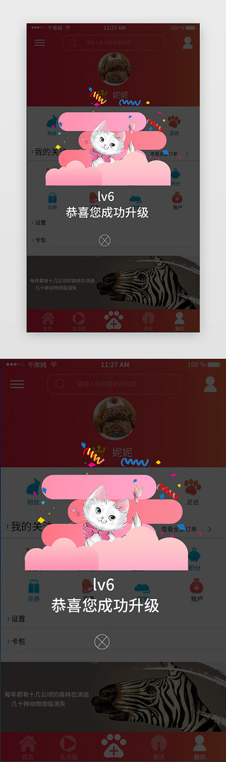 小动物清新UI设计素材_粉色会员升级APP弹窗