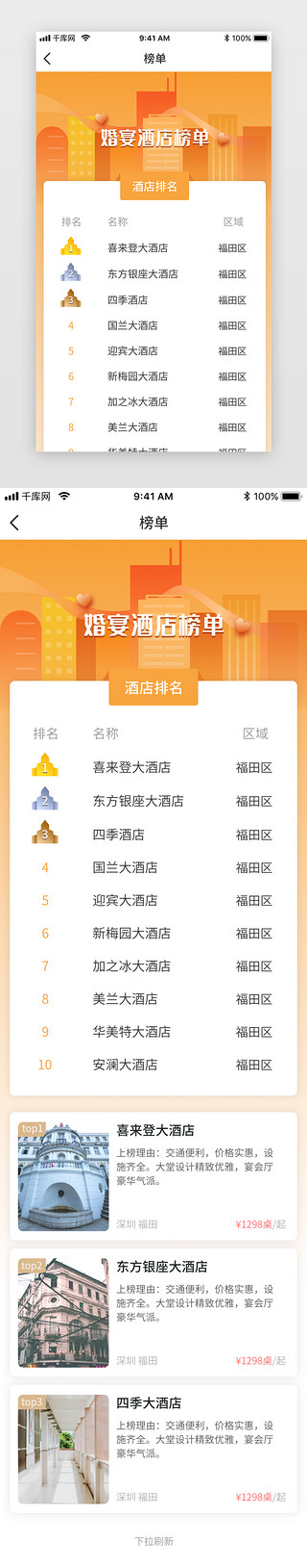 红色app详情UI设计素材_婚宴酒店榜单app详情页
