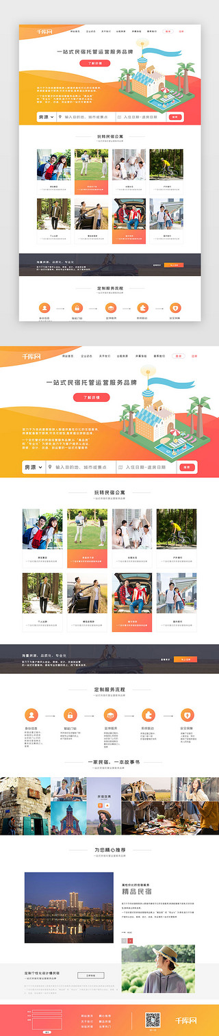 民宿海报UI设计素材_简洁渐变红橙色民宿网站首页