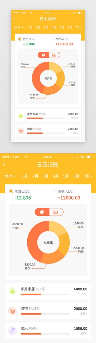 鲨鱼记账UI设计素材_橙色简约记账账本app详情页
