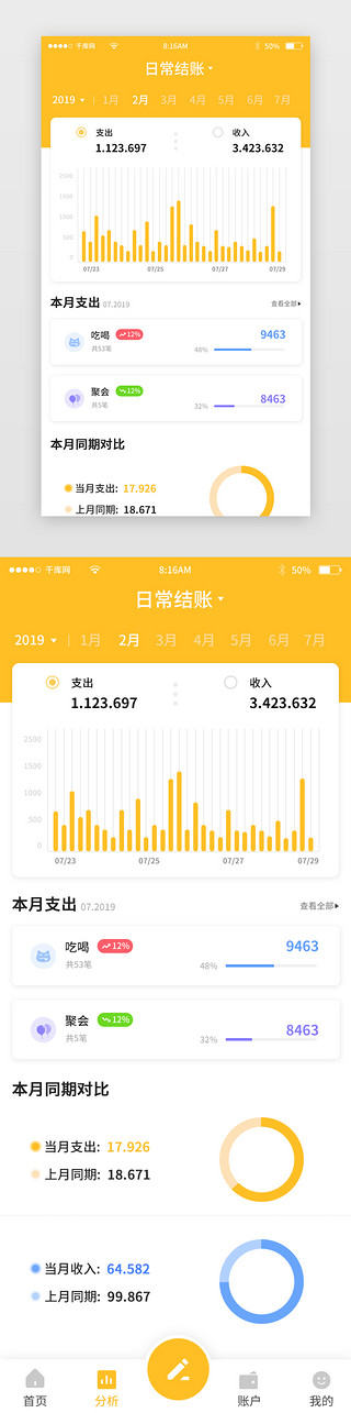 青老年对比UI设计素材_橙色简约记账账本app主界面