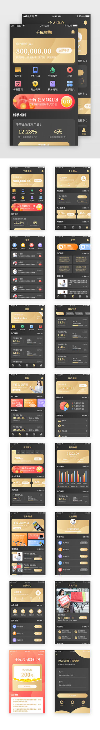 理财app套图UI设计素材_ 黑金金融理财投资银行app套图