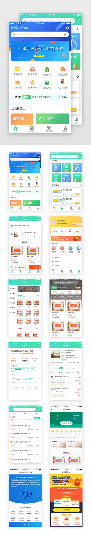 app医药UI设计素材_绿色科技医药送货商城app套图