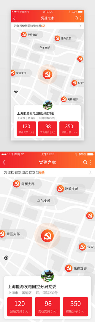 组织树结构UI设计素材_红色系党政app详情页