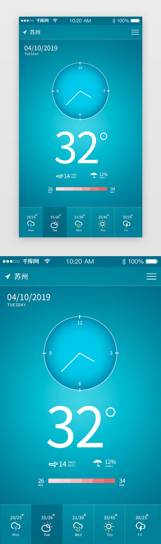 蓝色简约扁平化风格天气app界面设计
