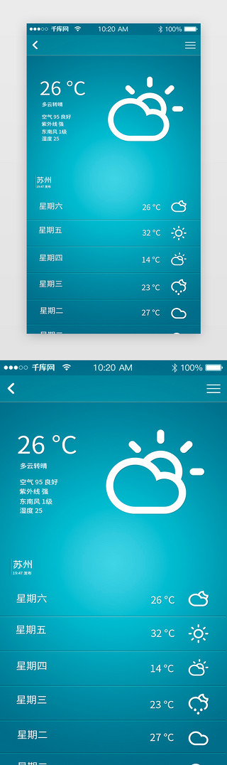 ui时间天气UI设计素材_蓝色简约扁平化风格天气app界面设计