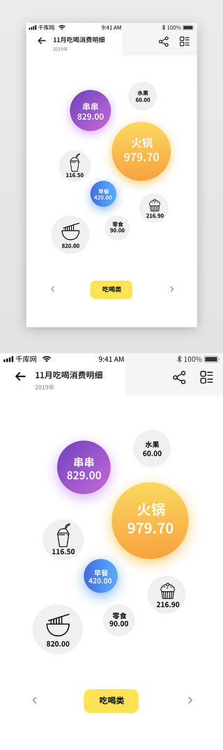 分析图表UI设计素材_黄色简约记账app详细图表趣味展现